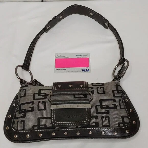 'GUESS' STUDDED MONOGRAM SHOULDER BAG SIGNATURE BIMBO BAGUETTE - Picture 12 of 16